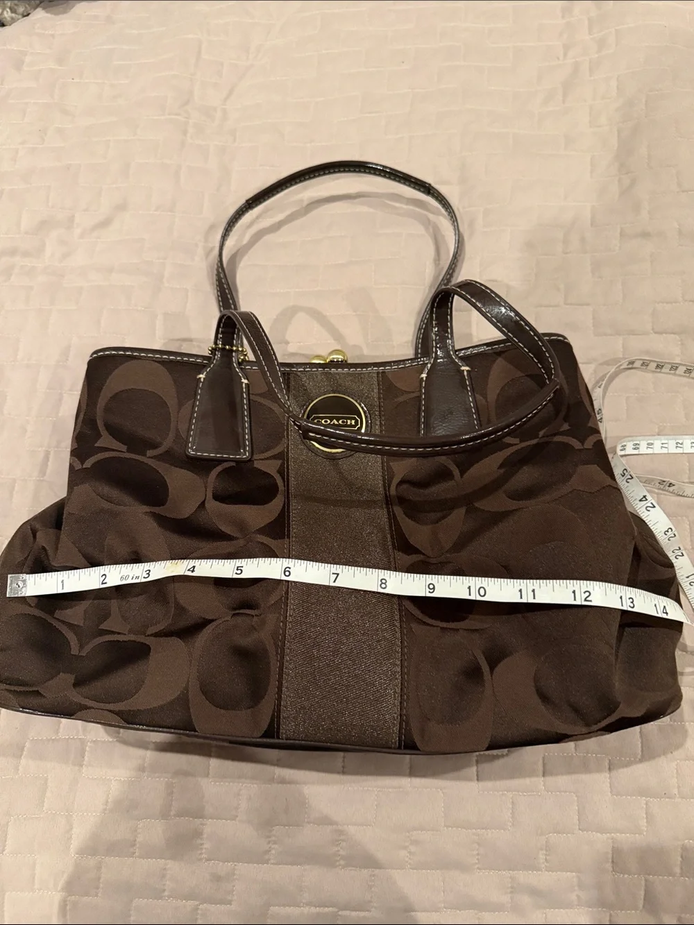 Coach F18036 Y2K Brown Signature Jacquard Kiss Lock Satchel with Gold Accents